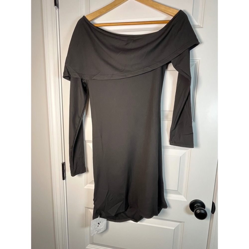 Yousify Black Ribbed Off The Shoulder Ruched Mini Dress Long Sleeve NWT Large